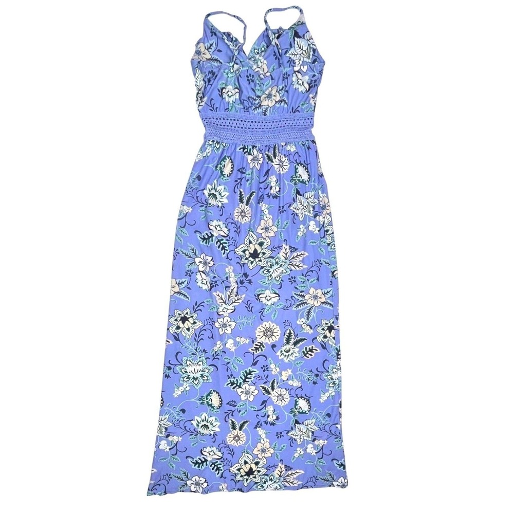 No Boundaries Floral Maxi Romper Dress Blue Crochet Waist Small 3-5 Boho Slit - Picture 1 of 8